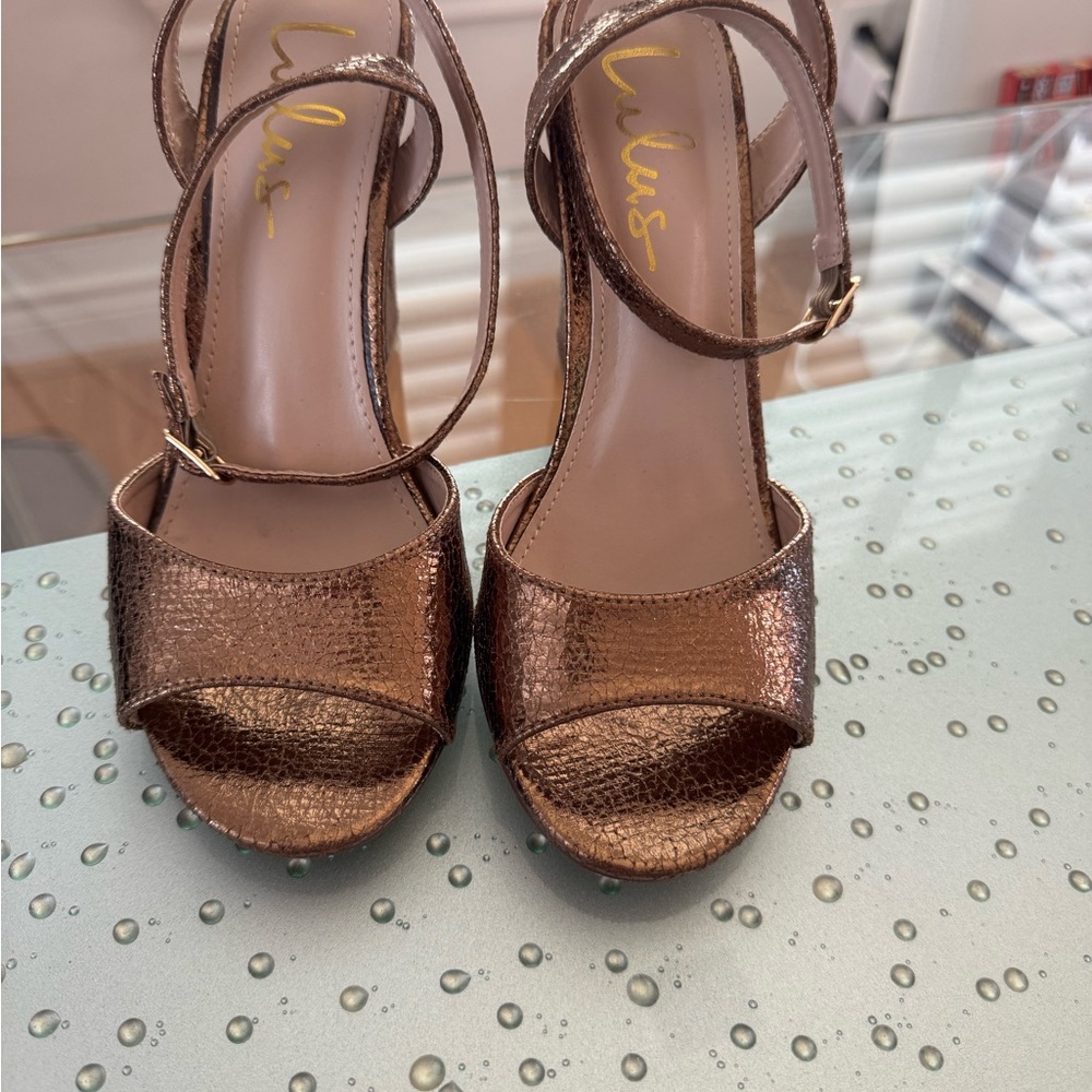 Lulus Laren Crackled Bronze Strap Block High Heel Sandals Size 6.5 - Picture 3 of 9